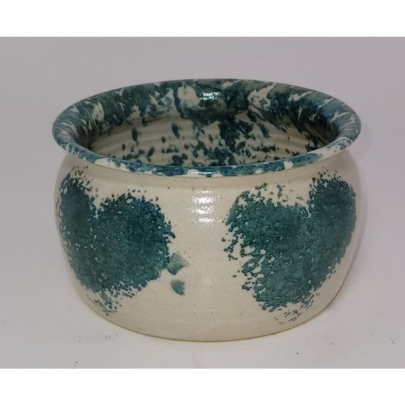 Handmade Beth Weber Signed Turquoise & White Farmhouse Sponge Ware Pottery Bowl - Picture 2 of 5